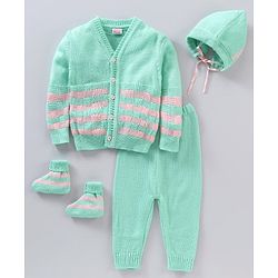 Babyhug Full Sleeves Striped Sweater Set - Green