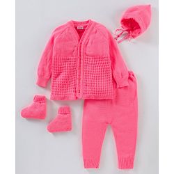 Babyhug Cotton Full Sleeves Solid Sweater Set - Dark Pink
