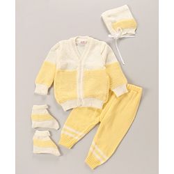 Babyhug Full Sleeves Cotton Sweater Set With Cap Stripes Design- Yellow