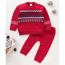 Babyhug Full Sleeves Sweater Set Fair Isle Design- Red