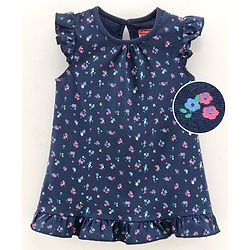 Babyhug Frill Sleeves Nighty Floral Print - Navy Blue