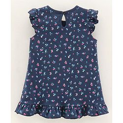 Babyhug Frill Sleeves Nighty Floral Print - Navy Blue