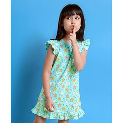 Babyhug Short Frill Sleeves Nighty Star Print - Blue