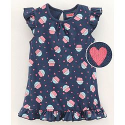 Babyhug Frill Sleeves Nighty Cupcake Print - Navy Blue