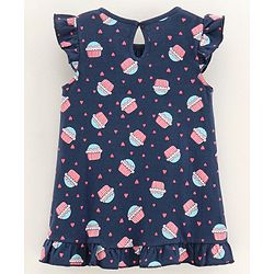 Babyhug Frill Sleeves Nighty Cupcake Print - Navy Blue