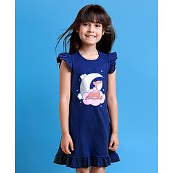 Babyhug Short Frill Sleeves Nighty Deer Print - Navy