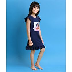 Babyhug Short Frill Sleeves Nighty Deer Print - Navy