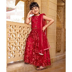Babyhug Sleeveless Choli Lehenga & Dupatta Leaf Embroidered - Red