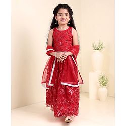 Babyhug Sleeveless Choli Lehenga & Dupatta Leaf Embroidered - Red