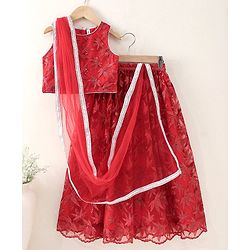 Babyhug Sleeveless Choli Lehenga & Dupatta Leaf Embroidered - Red