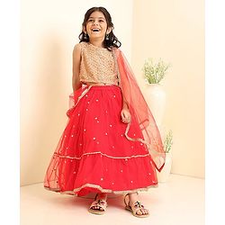 Babyhug Sleeveless Choli & Flared Lehenga Set With Dupatta - Red