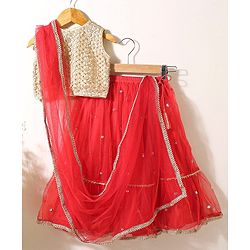 Babyhug Sleeveless Choli & Flared Lehenga Set With Dupatta - Red