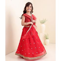 Babyhug Sleeveless Choli & Lehenga Set With Dupatta Ethnic Print - Red