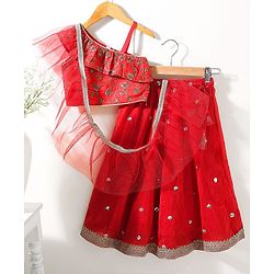Babyhug Sleeveless Choli & Lehenga Set With Dupatta Ethnic Print - Red