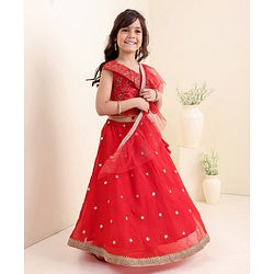 Babyhug Sleeveless Choli & Lehenga Set With Dupatta Ethnic Print - Red