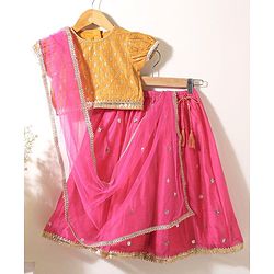 Babyhug Short Sleeves Sequined Choli & Flared Lehenga Set With Dupatta - Pink Orange