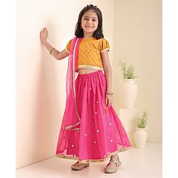 Babyhug Short Sleeves Sequined Choli & Flared Lehenga Set With Dupatta - Pink Orange