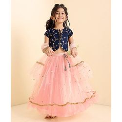 Babyhug Short Sleeves Sequined Choli & Flared Lehenga Set With Dupatta - Peach Blue