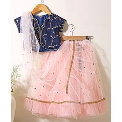 Babyhug Short Sleeves Sequined Choli & Flared Lehenga Set With Dupatta - Peach Blue