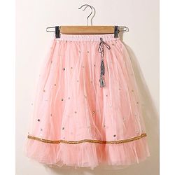 Babyhug Short Sleeves Sequined Choli & Flared Lehenga Set With Dupatta - Peach Blue