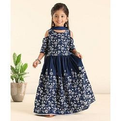 Babyhug Cold Shoulder Choli Lehenga And Dupatta Embroidered - Navy