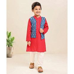 Babyhug Full Sleeves Cotton Solid Kurta and Pyjama Set with Printed Jacket - Red