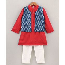 Babyhug Full Sleeves Cotton Solid Kurta and Pyjama Set with Printed Jacket - Red