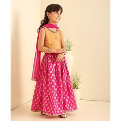 Babyhug Sleeveless Choli & Lehenga Set With Dupatta Leaf Embroidered - Yellow Pink