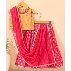 Babyhug Sleeveless Choli & Lehenga Set With Dupatta Leaf Embroidered - Yellow Pink