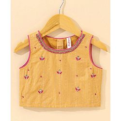 Babyhug Sleeveless Choli & Lehenga Set With Dupatta Leaf Embroidered - Yellow Pink