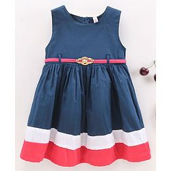Babyhug 100% Cotton Sleeveless Frock With Belt & Stripes Print - Navy Blue
