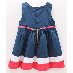 Babyhug 100% Cotton Sleeveless Frock With Belt & Stripes Print - Navy Blue
