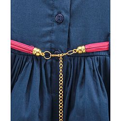 Babyhug 100% Cotton Sleeveless Frock With Belt & Stripes Print - Navy Blue