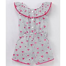 Babyhug 100% Cotton Sleeveless Jumpsuit Heart & Stripes Print - Multicolor