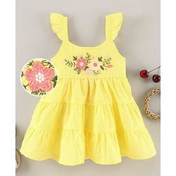 Babyhug 100% Cotton Singlet Sleeves Floral Embroidered Frock with Lining and Gathered - Yellow