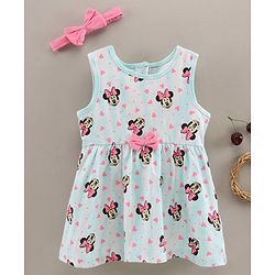 Babyhug 100% Cotton Sleeveless Frock With Headband Minnie Mouse Print - Blue