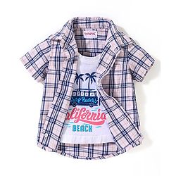 Babyhug 100% Cotton Half Sleeves Checkered Toffer Shirt With T-Shirt - Light Pink