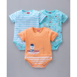 Babyhug 100% Cotton Half Sleeves Onesies Striped And Fish Print - Blue Orange