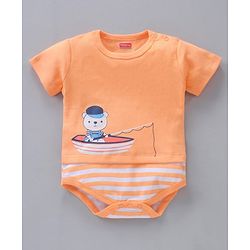 Babyhug 100% Cotton Half Sleeves Onesies Striped And Fish Print - Blue Orange