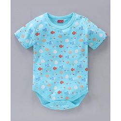 Babyhug 100% Cotton Half Sleeves Onesies Striped And Fish Print - Blue Orange