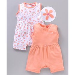 Babyhug 100% Cotton Sleeveless Rompers Floral Print Pack Of 2 - Multicolor