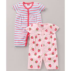 Babyhug 100% Cotton Short Cap Sleeves Rompers Stripe & Strawberry Print Pack Of 2 - Multicolor