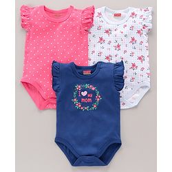 Babyhug 100% Cotton Short Cap Frill Sleeves Onesies Pack of 3 - Multicolor