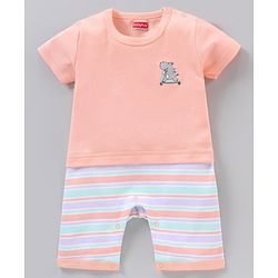 Babyhug 100% Cotton Half Sleeves Romper Rhino & Stripes Print- Orange