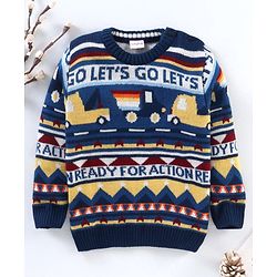 Babyhug Full Sleeves Knit Jacquard Sweater - Navy