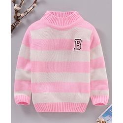Babyhug Full Sleeves Knit Sweater With Stripes Design & Letter Embroidery- Pink