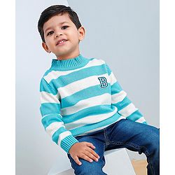 Babyhug Full Sleeves Knit Striped Pullover Text Patch - Aqua Blue