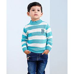Babyhug Full Sleeves Knit Striped Pullover Text Patch - Aqua Blue