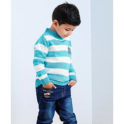 Babyhug Full Sleeves Knit Striped Pullover Text Patch - Aqua Blue