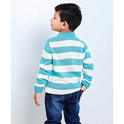 Babyhug Full Sleeves Knit Striped Pullover Text Patch - Aqua Blue